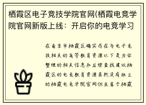 栖霞区电子竞技学院官网(栖霞电竞学院官网新版上线：开启你的电竞学习之旅)